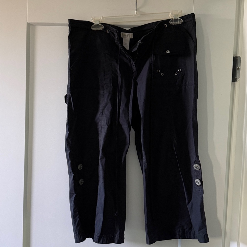 Metro 7 Black Cargo Pants Silver Rhinestone Buttons Draw String Waist Size 6